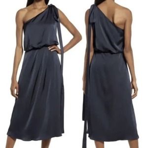 AMYLYNN Woman Navy Blue One Shoulder Satin Midi Dress~Size M
